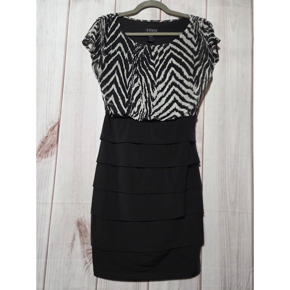 Enfocus Studio Black White Zebra Print Tiered Ruffle Sheath Dress Size 8‎
